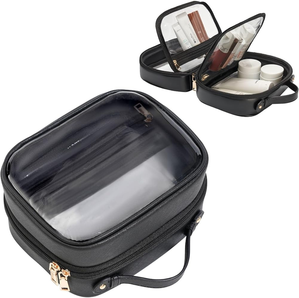Clear Cosmetic Bag Double Layer Travel Toiletry Bag Clear Makeup Bag Case with Zipper Transparent... | Amazon (US)
