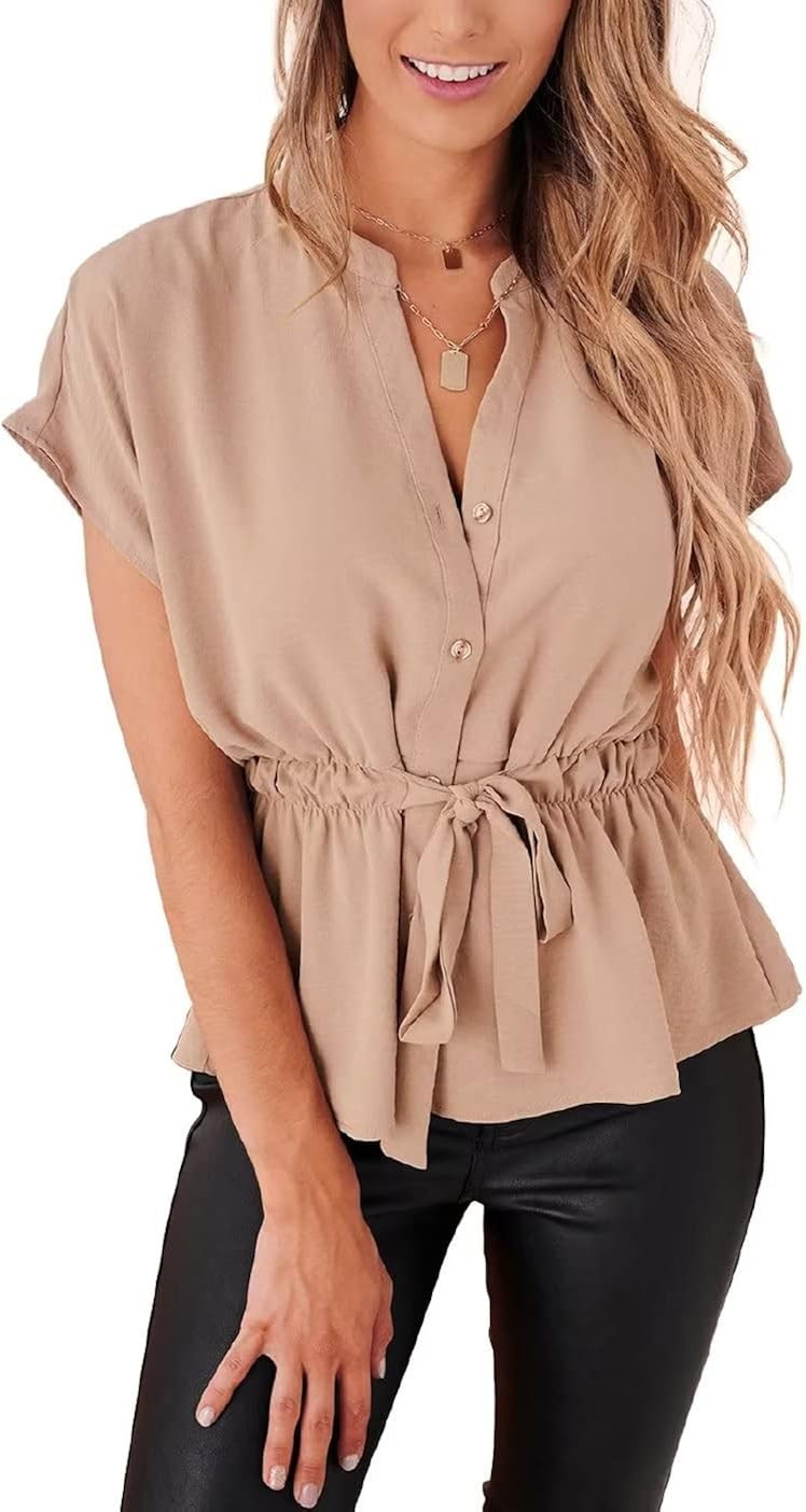 Womens Button Down Blouses Casual Peplum Summer Tops Dressy Chiffon Work Blouse | Amazon (US)
