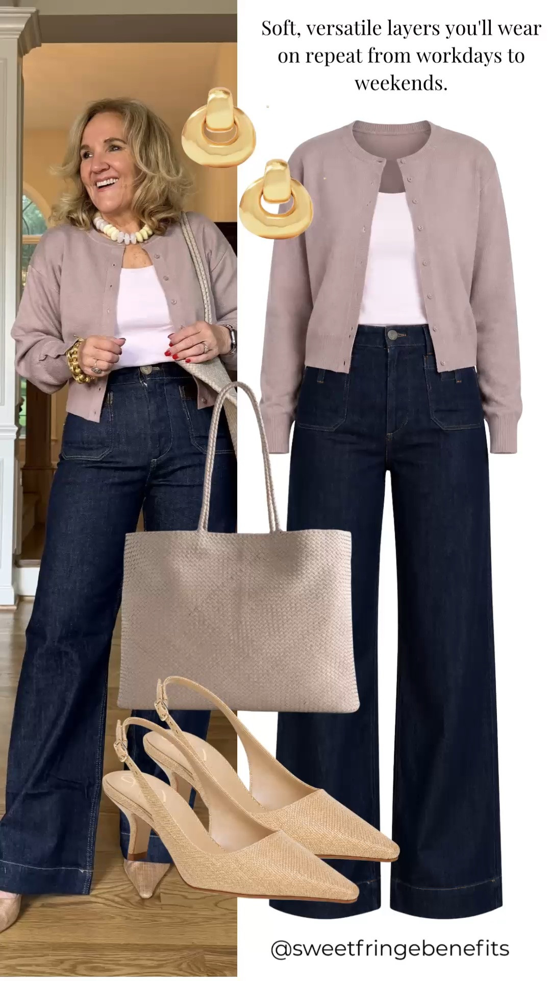 This soft blush cardigan is the perfect lightweight layer for transitioning between seasons. Paired with dark wide-leg jeans, neutral slingback heels, and a woven tote, it's an easy polished outfit you'll reach for again and again.

💡 LTK MADE EASY ❤️ Heart = Support my posts! 🔖 Save = Get sale & restock alerts 📋 Lists = Keep favorites organized 📲 Share = Send lists and products to a friend. Hello, Christmas List! 💬 Comment = Ask me anything about what I'm wearing.:-)

#LTKootd #LTKOver40 #LTKSaleAlert