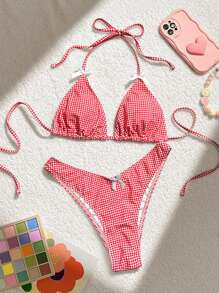 Swim Mod 2 Pcs/Set Plaid & Butterfly Printed Decor Bikini Swimwear Summer | SHEIN