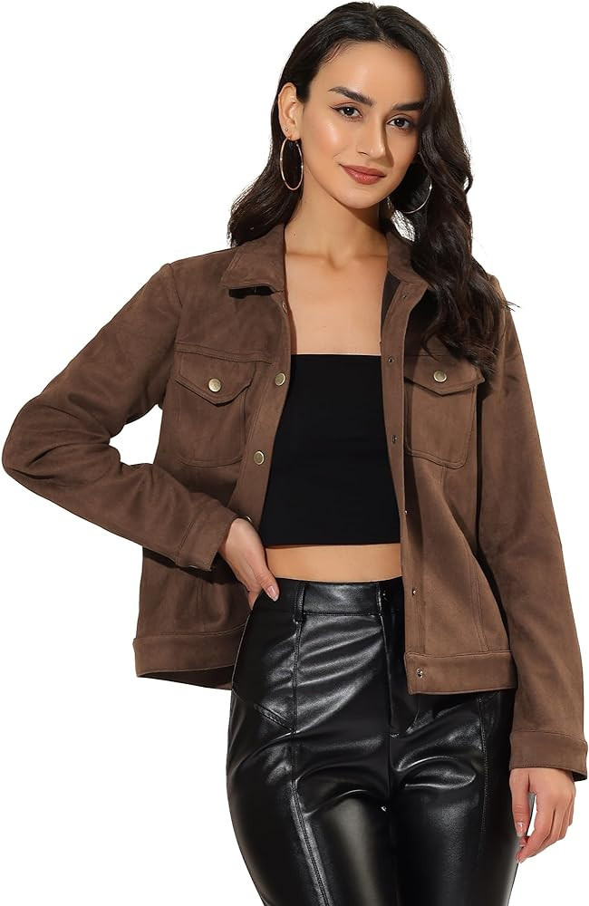 Allegra K Women's Turn-Down Collar Flap Pockets Snap Button Faux Suede Jacket | Amazon (US)