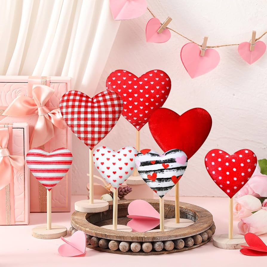 Wenqik 7 Pcs Valentine‘s Day Decorations Flocked Heart Table Decor Velvet Heart Wooden Sign Tal... | Amazon (US)