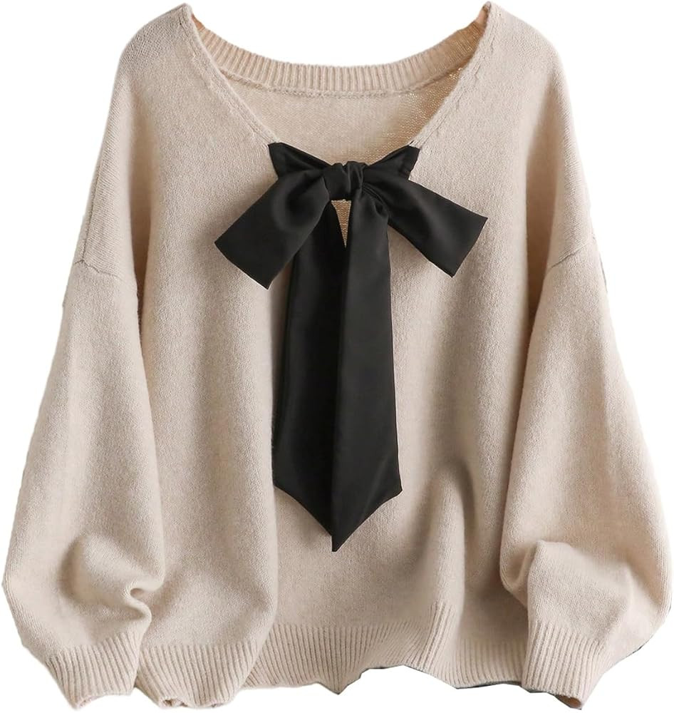 SOLY HUX Women's Plus Size Sweaters Pullover Bowknot V Neck Long Sleeve Knit Tops Fall Clothes | Amazon (US)