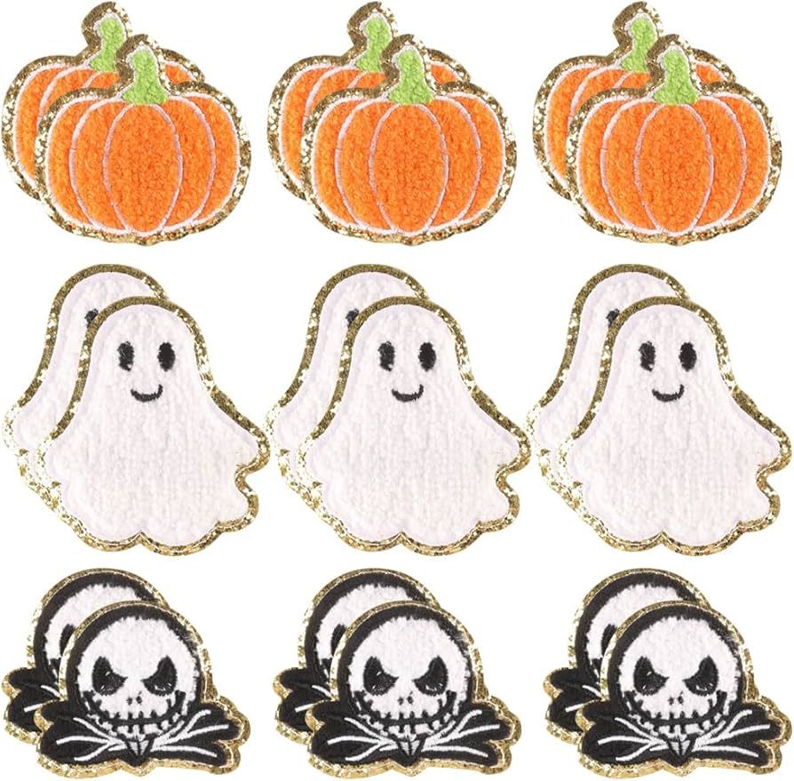 Halloween Pumpkin Ghost Skull Iron on Patches Glitter Gold Rim Chenille Embroidery Sew on Sticker... | Amazon (US)