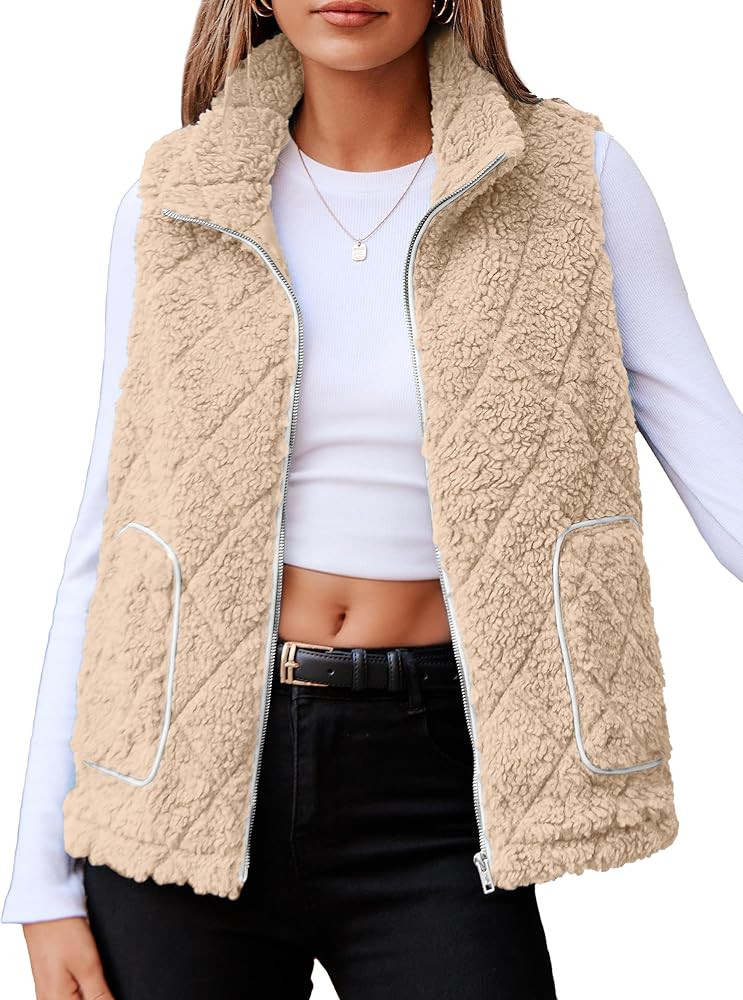 Glamaker Womens Fleece Sherpa Vest Casual Lightweight Outerwear Zip Up Sleeveless Jacket With Poc... | Amazon (US)