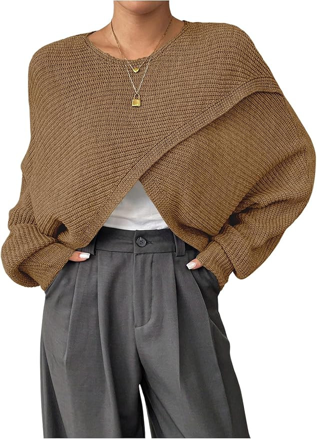 Verdusa Women's Lightweight Asymmetrical Wrap Fall Sweater Tops Old Money Puff Sleeve Cropped Swe... | Amazon (US)