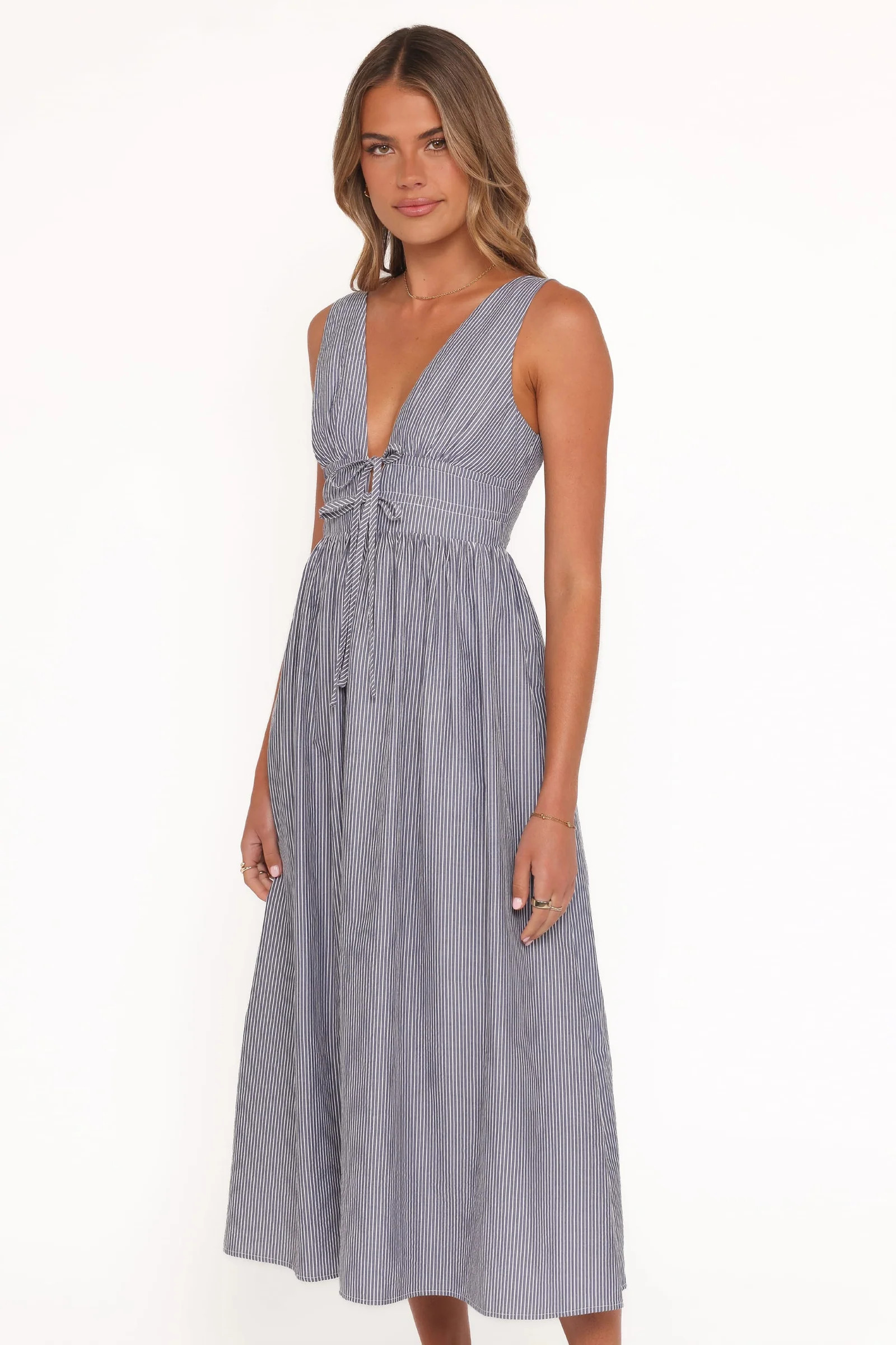 Annora Midi Dress - Navy Pinstripe | Petal & Pup (US)