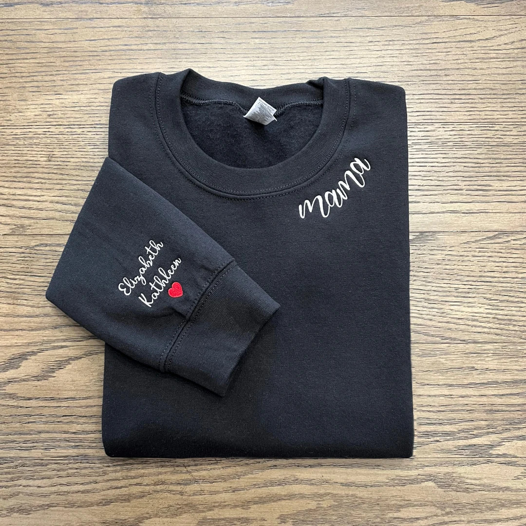 Mama Embroidered Sweatshirt, Custom Mama Shirt With Kids Names, Heart On Sleeve, Pregnancy Reveal Ho | Etsy (US)