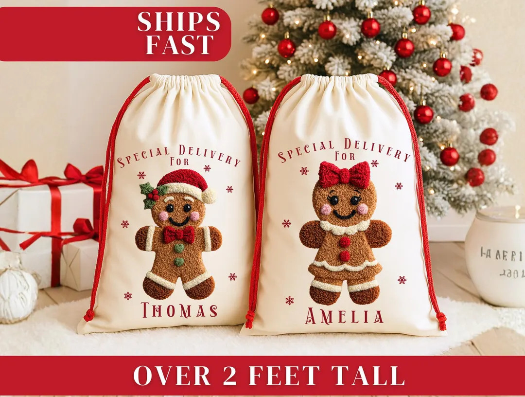 Personalized Santa Sack, Custom Christmas Eve Bag, Presents Gift Bag for Kids, Faux Yarn Gingerbr... | Etsy (US)