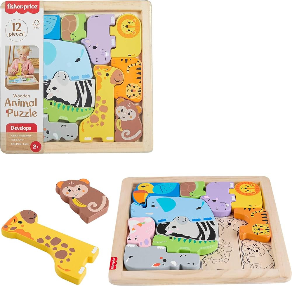 Fisher-Price Wood Toddler Toy Animal Puzzle, 12 Piece Wooden Shape-Sorting Activity for Preschool... | Amazon (US)