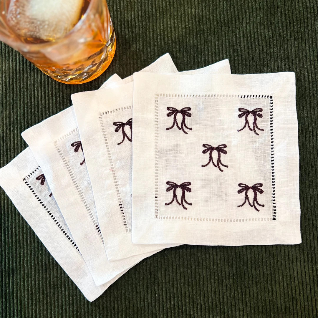 Mini Bows Embroidered Cocktail Napkins Holiday Bow Cocktail - Etsy | Etsy (US)