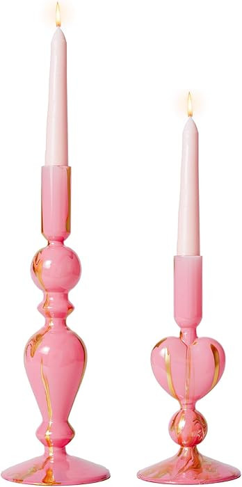 DN DECONATION Pink & Gold Glass Candle Holders Set of 2, Heart Taper Candle Holders for Valentine... | Amazon (US)