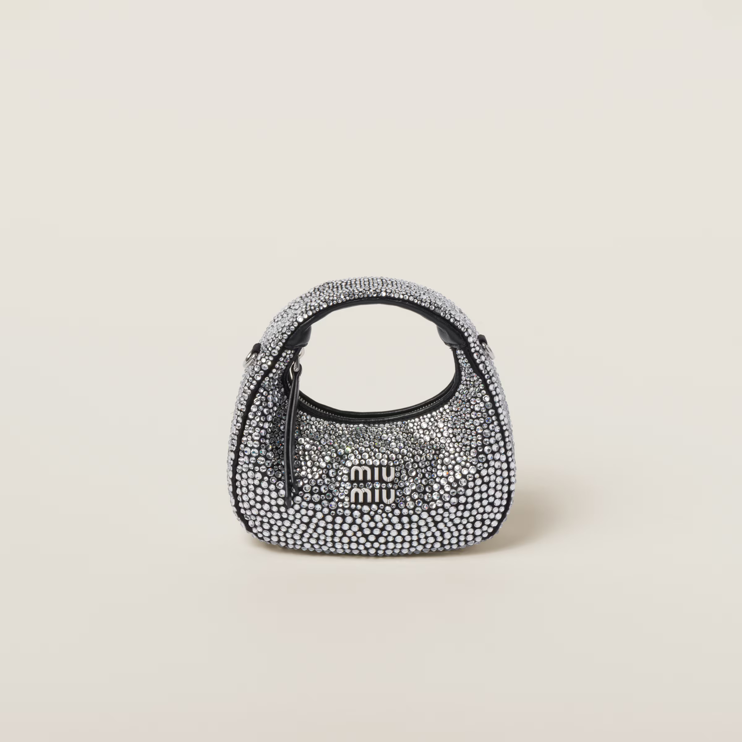 Black Wander Satin And Silk Mini Hobo Bag With Synthetic Crystals | Miu Miu | Miu Miu US