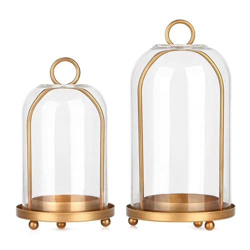 Vintage Brass Metal Candle Lantern with Thick Glass Dome – Set of 2 Shabby Chic Style Candle Holders (5.25"x10" & 4.5"x7.87") – Hanging or Tabletop Decor for Pillar Candles, Plants | Amazon (US)