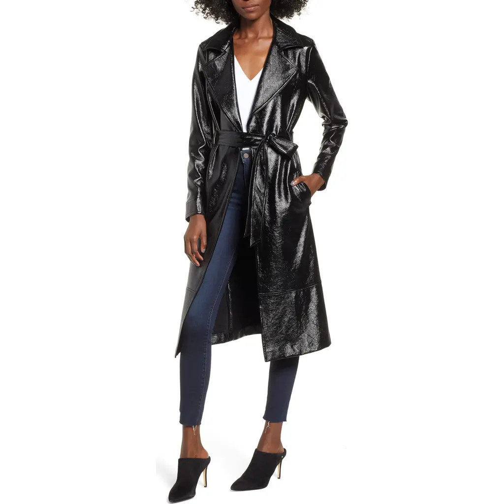 Leith Faux Patent Leather Trench Coat in Black at Nordstrom, Size Large | Nordstrom