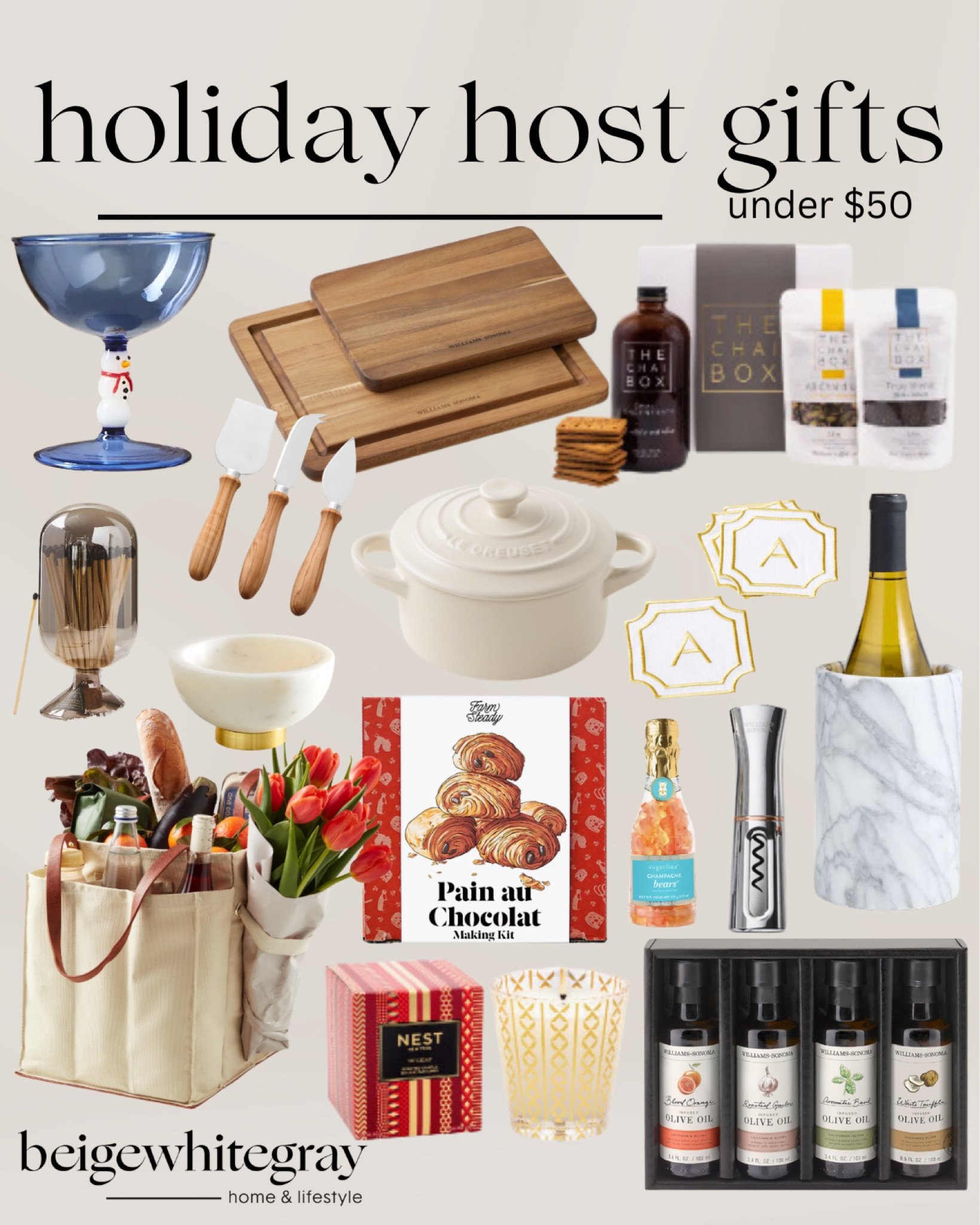 Holiday Host Gifts Under $50 | cutting board  chai tea set  snowman cup  holiday gift  hostess gift  market tote  cheese knives  olive oil set  candle  wine cooler  wine opener  dip bowl  coasters 

#LTKGiftGuide #LTKHoliday #LTKFindsUnder50
