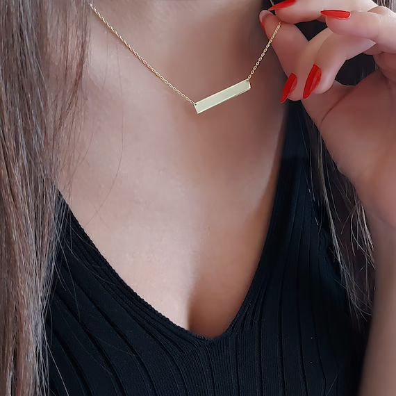 14K Solid Gold Bar Necklace Mothers Day Gift Rose Gold - Etsy | Etsy (US)