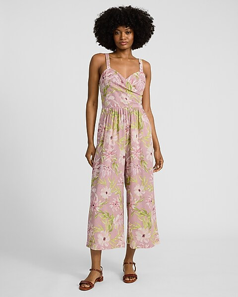 Linen-blend Floral Sweetheart Cropped Wide Leg Jumpsuit | Express