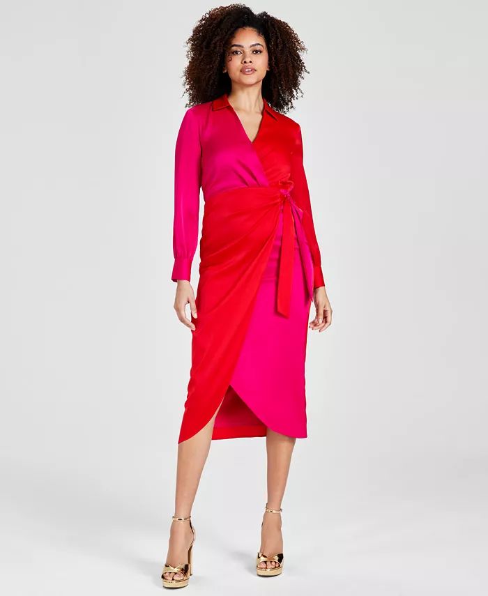 Anne Klein Women's Long-Sleeve Faux-Wrap Midi Dress - Macy's | Macy's