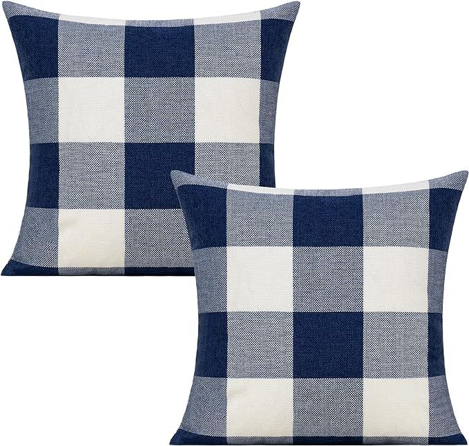 Outdoor Blue Throw Pillow Covers 18x18 Set of 2 Buffalo Plaids Check Summer Front Porch Decorativ... | Amazon (US)