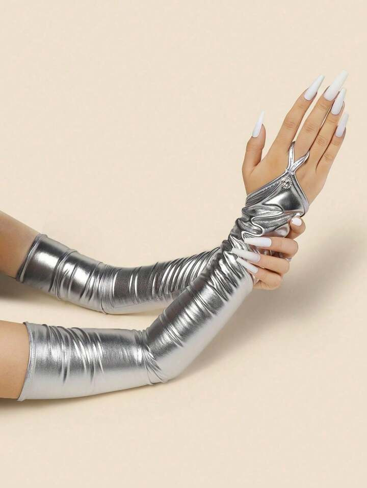 1 Pair Finger Loop Coated Leather Sexy Tight-Fitting Rhinestone Long Fingerless Gloves, Cosplay C... | SHEIN
