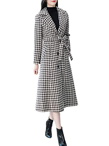 ebossy Women's Houndstooth Trench Coat Winter Single Breasted Quilt-Lined Long Coat (X-Small, Brown) | Amazon (US)