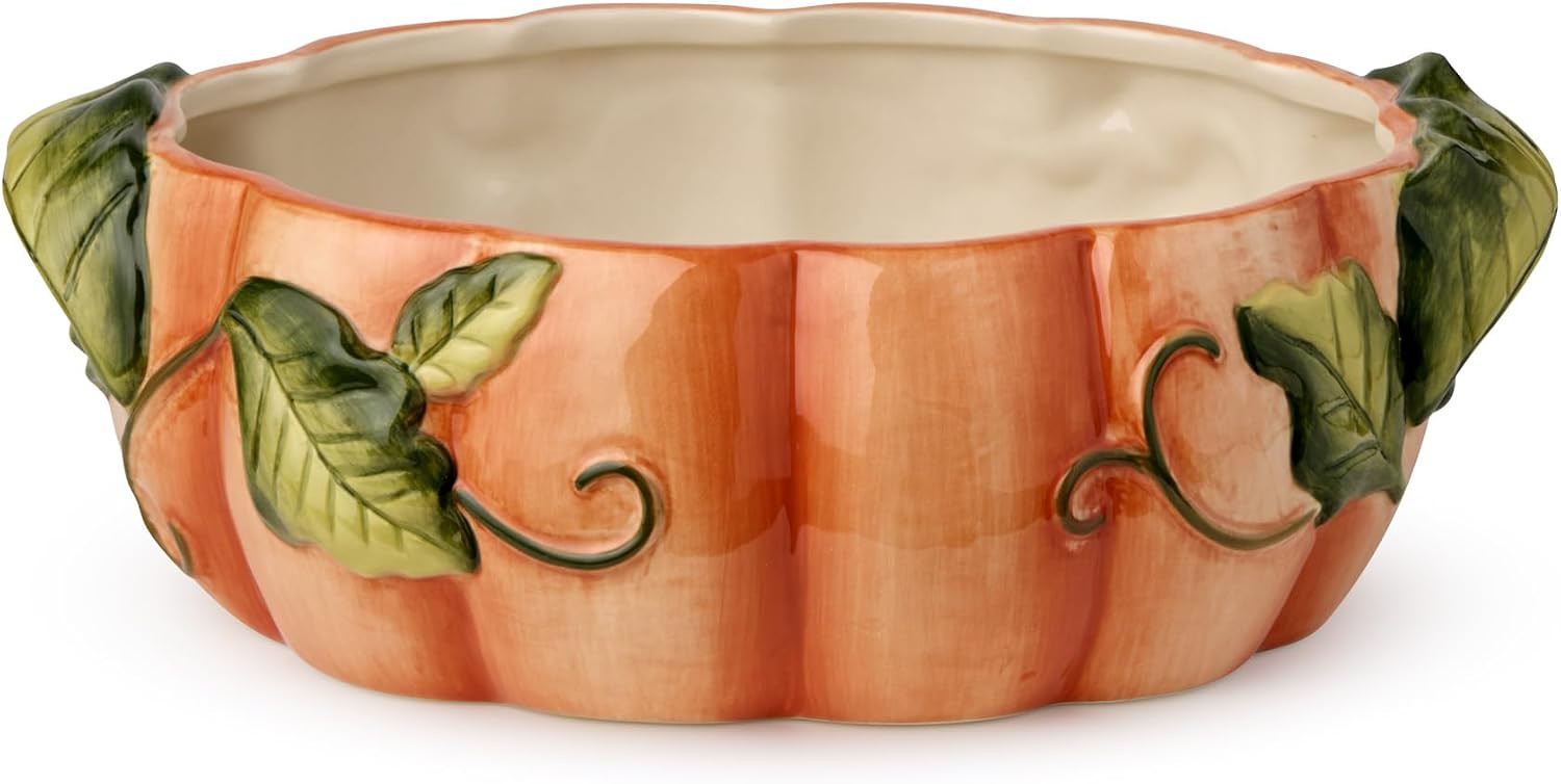 Harvest Fields 3D Pumpkin Shallow Serving Bowl – 10” x 7” Ceramic Farmhouse Bowl for Fall Side Dishes, Salads & Holiday Feasts – 32oz Capacity – Perfect for Thanksgiving & Autumn Entertaining | Amazon (US)