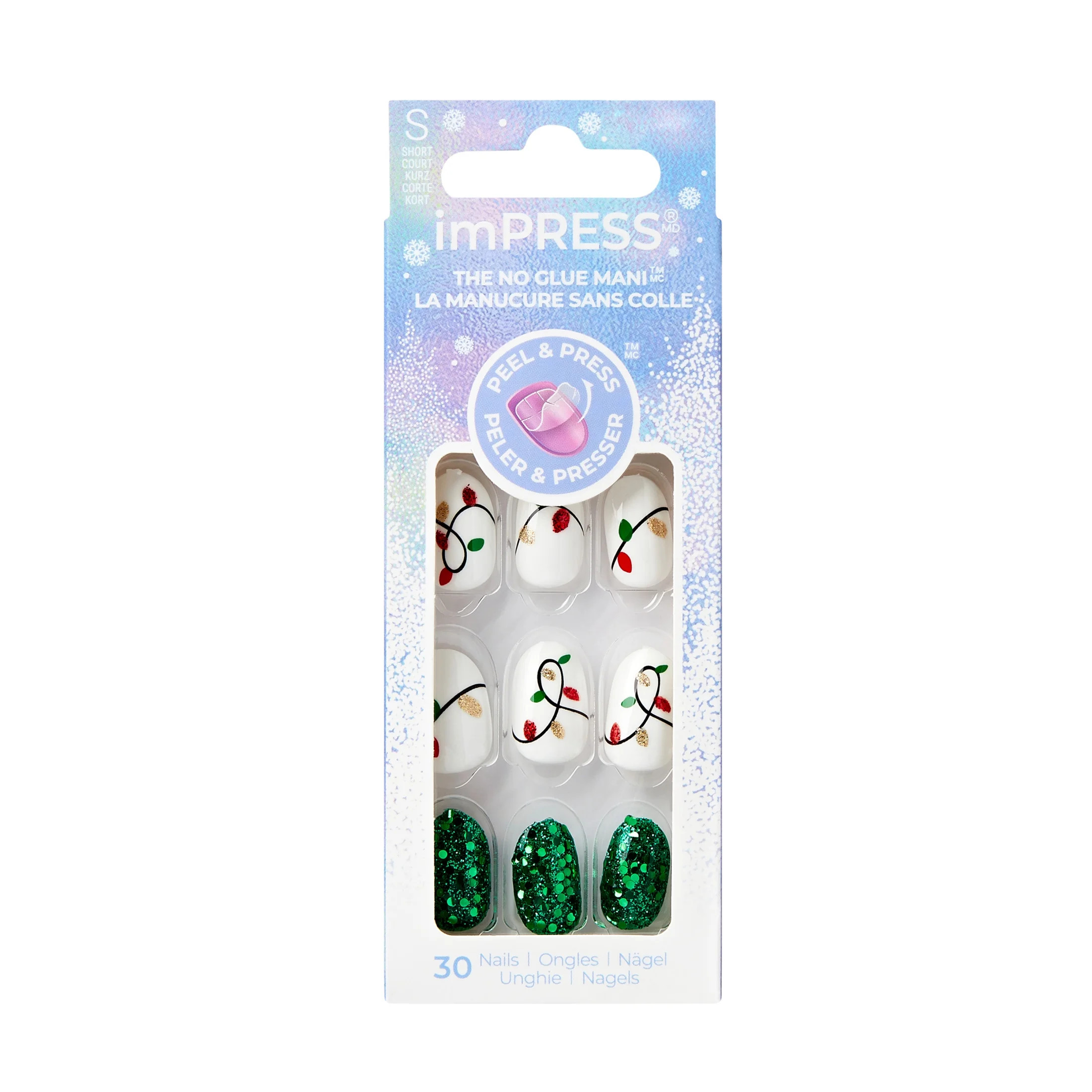 KISS imPRESS Holiday Press on Nails, Design, All Is Bright, White, Short Oval, 30 Count | Walmart (US)