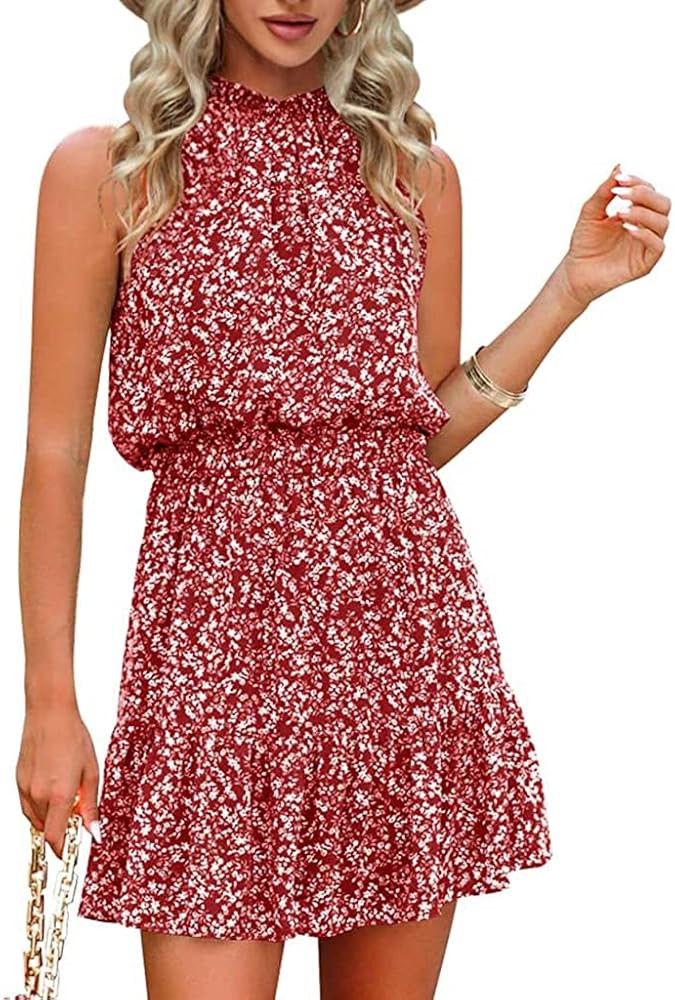 Locryz Summer Dress for Women Casual Floral Sun Dress Sleeveless Halter Neck Dress Swing Pleated ... | Amazon (US)