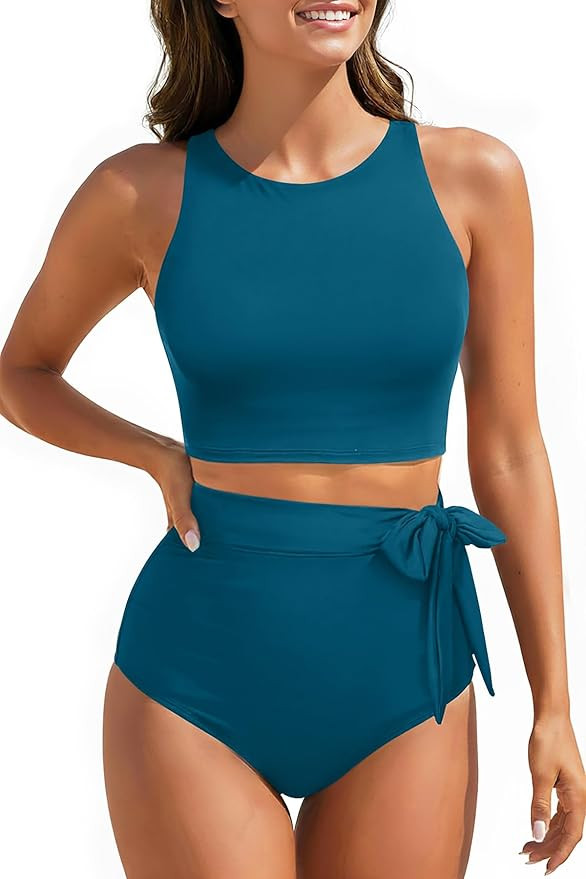 Aqua Eve Women High Waisted Bikini Set Racerback Swimsuit Two Piece Bathing Suit High Neck Swimwe... | Amazon (US)