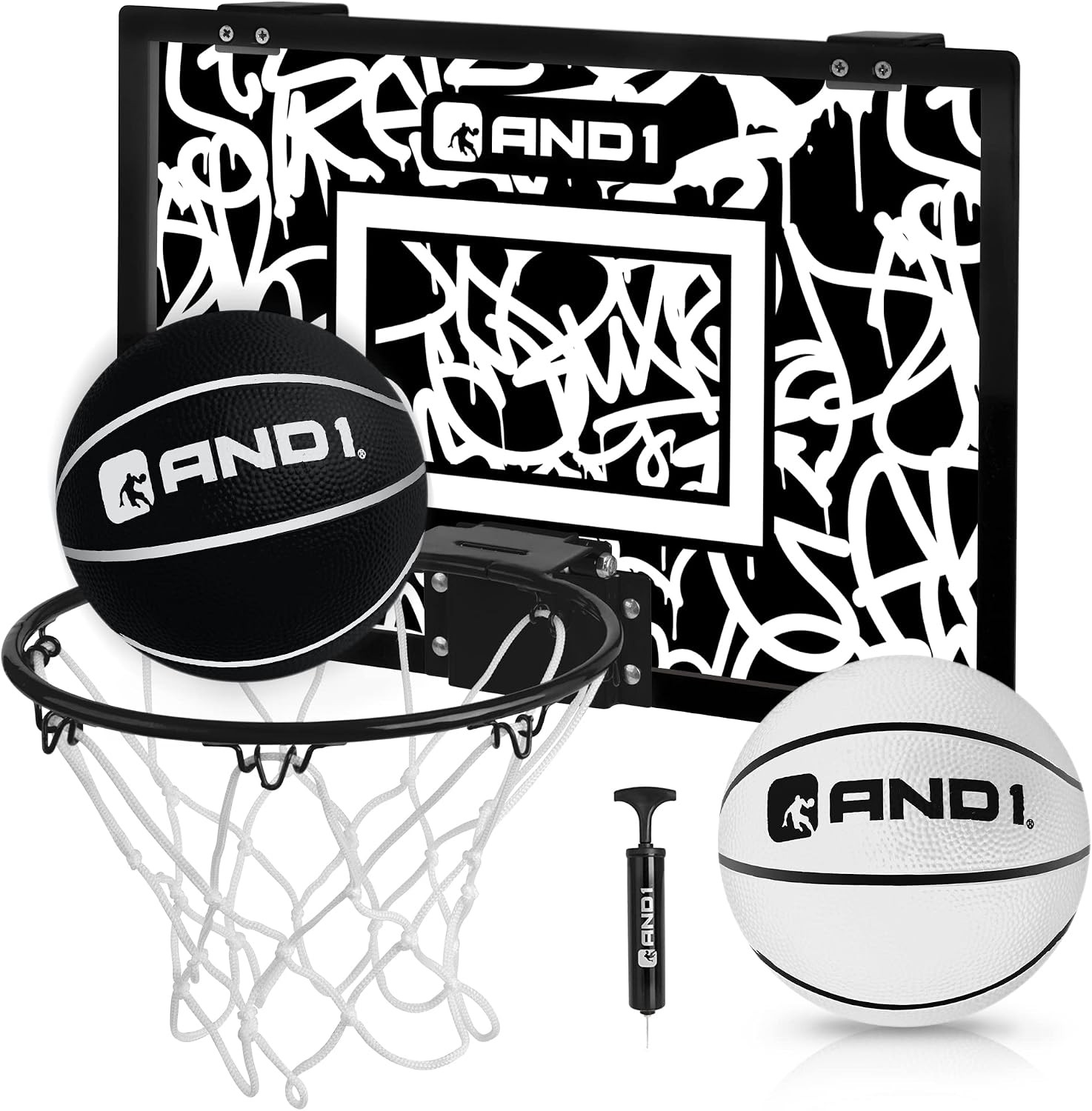 Mini aro de baloncesto para puerta AND1: tablero antirroturas de 18x12, 2 mini balones de baloncesto y bomba manual incluida - Accesorio de baloncesto interior definitivo para niños y adultos, sin | Amazon (US)