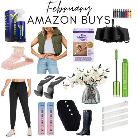 February Amazon buys! 
Vest
Technology screen cleaner 
Hangers 
Joggers 
Mascara 
Faux flowers 
Umbrella 
Drawers dividers 
Shoe inserts 
Hair finishing stick 
Car organizer 

#LTKFind #LTKhome