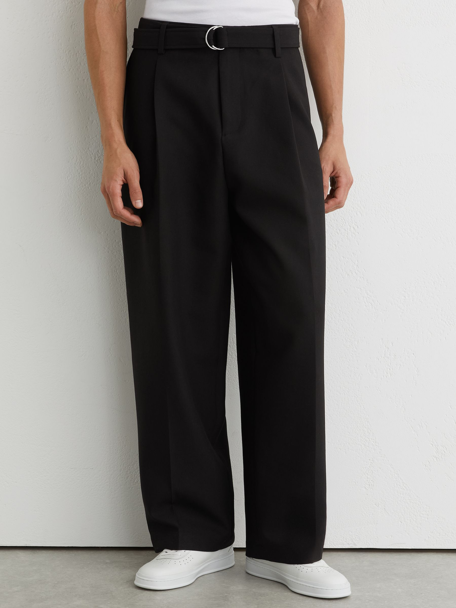 Reiss Monogram Relaxed-Fit Belted Trousers in Black - REISS | Reiss UK