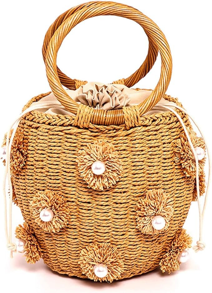 Orgone Summer Beach Woven Bag, Rattan Raffia Bucket Straw Tote Bag, Wicker Basket Purse with Pear... | Amazon (US)