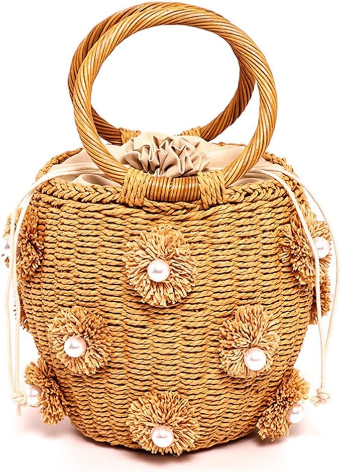 Orgone Summer Beach Woven Bag, Rattan Raffia Bucket Straw Tote Bag, Wicker Basket Purse with Pear... | Amazon (US)