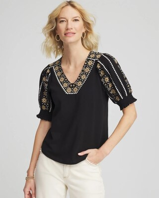 Women's Embroidered Smocked-Sleeve Tee in Black | Chico's | Chico's