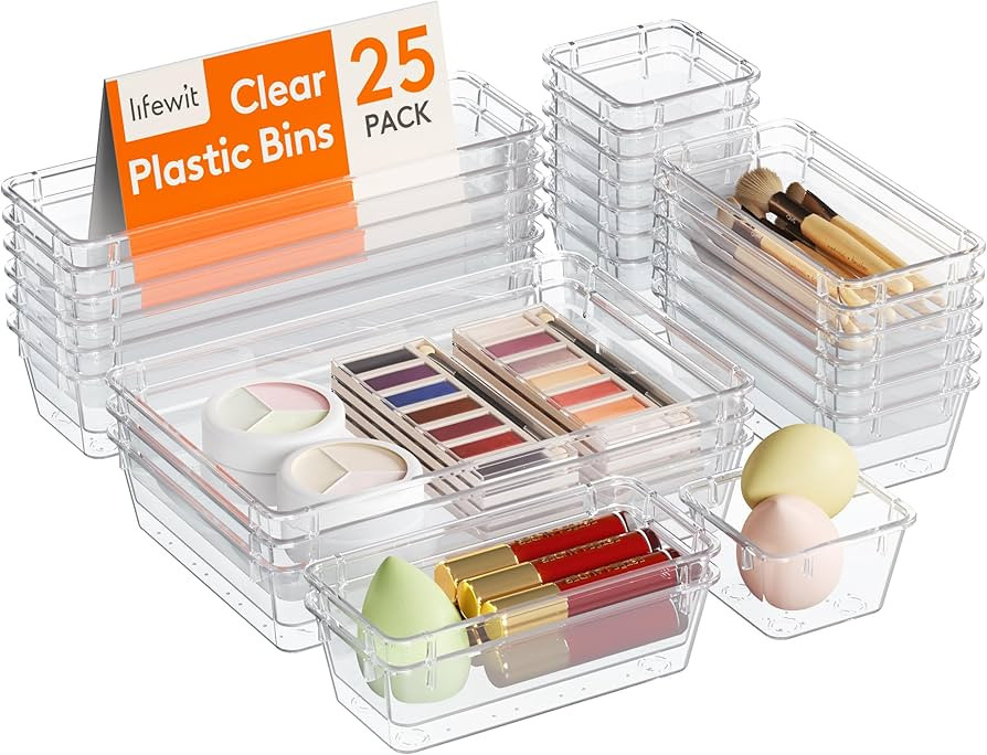 Lifewit 25pcs Drawer Organiser Set, Clear Makeup Trays Plastic, Desk Drawer Dividers Dresser Stor... | Amazon (UK)
