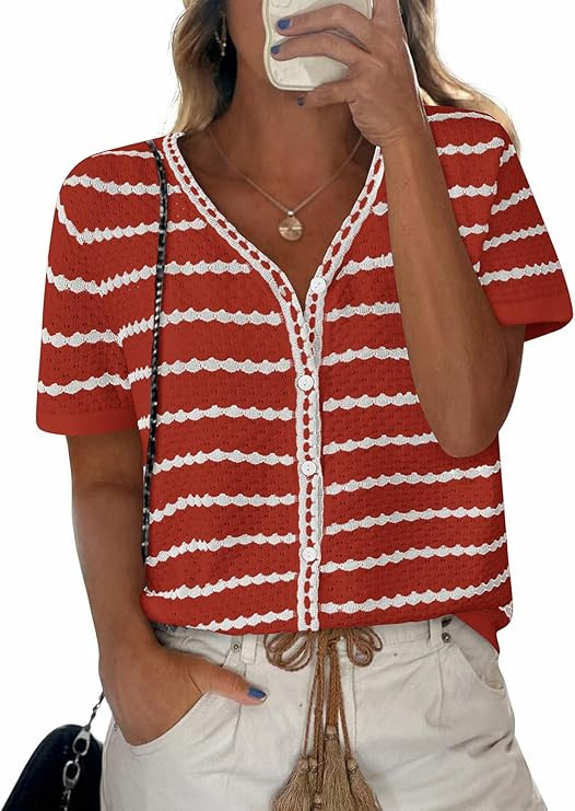 NALANISA Women's Short Sleeve Sweater Spring Summer Crochet Knit Tops 2026 V Neck Striped Button ... | Amazon (US)
