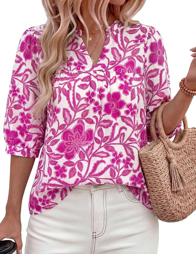 PRETTYGARDEN Women's 2026 Summer Floral Blouses Dressy Casual Half Sleeve V Neck Going Out Boho T... | Amazon (US)