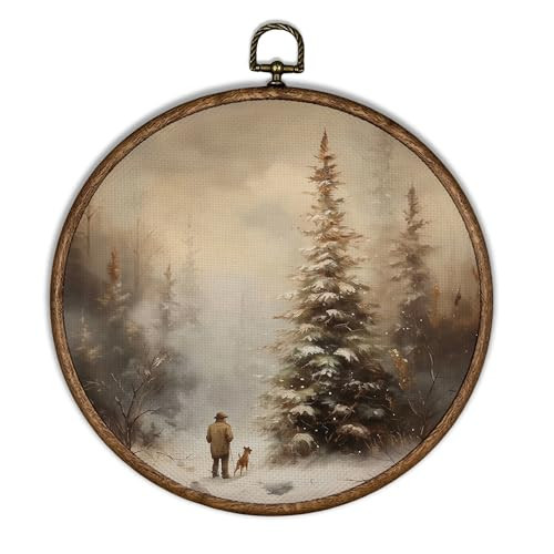 XBBMGG Vintage Christmas Wall Art Decor, Rustic Winter Forest Landscape Round Wall Hanging Decor, Country Farmhouse Holiday Framed Canvas Prints for Home Bedroom Living Room Decorations, 10"x10" | Amazon (US)