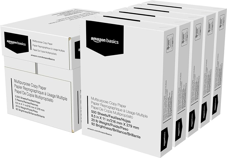 Amazon Basics Multipurpose Copy Printer Paper, 20 lb, 8.5 x 11 Inches, 5 Reams (2,500 Sheets), 92... | Amazon (US)