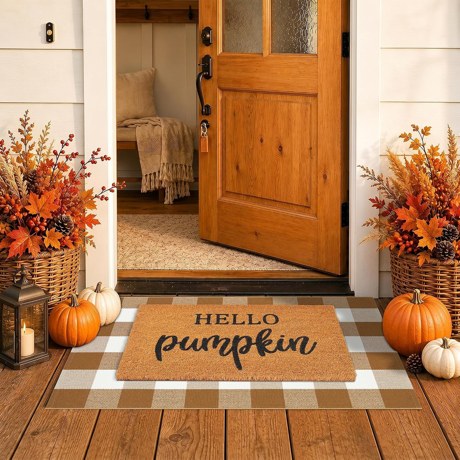 Fall Decor Door Mat Combo Set, 100% Coco Coir Welcome Mat + 28 x 43 Inches Coffee and White Plaid Rug - Fall Thanksgiving Front Porch Entryway Floor Doormat, Indoor Outdoors Autumn Mats Hello Pumpkin | Amazon (US)