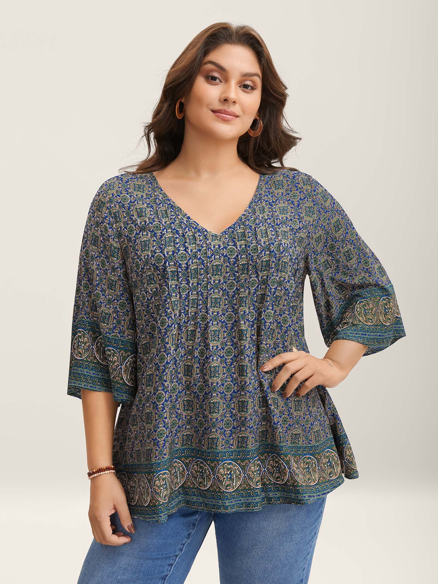 Pin-Tuck Pleat Ornate Print Relaxed Fit Shirt | Bloomchic