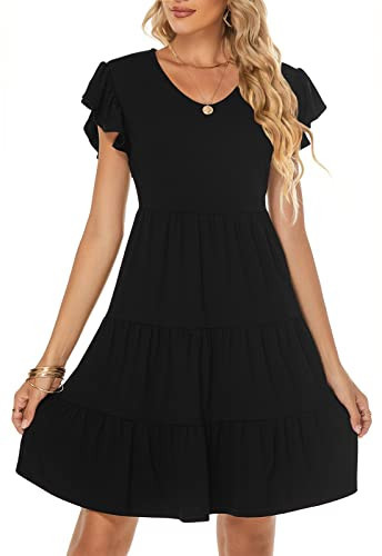Lyrur Black Dresses for Women Cute Ruffle Sleeve Mini Tiered Babydoll Casual Summer Beach Party Sundresses(S,9173-Black) | Amazon (US)