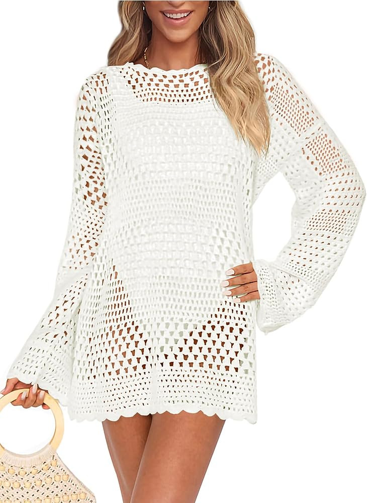 PRETTYGARDEN Women's Swimsuit Cover Up Long Sleeve Knit Crochet Bathing Suit Swimwear Beach Dress... | Amazon (US)