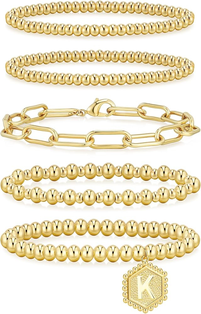 adoyi Gold Bracelets for Women Waterproof, 14K Gold Plated Beaded Strand Bead Ball Bracelets stac... | Amazon (US)