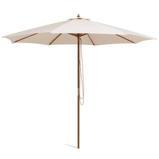 10 ft. Wooden Outdoor Patio Table Umbrella in Beige with Pulley Height Adjustable | The Home Depot