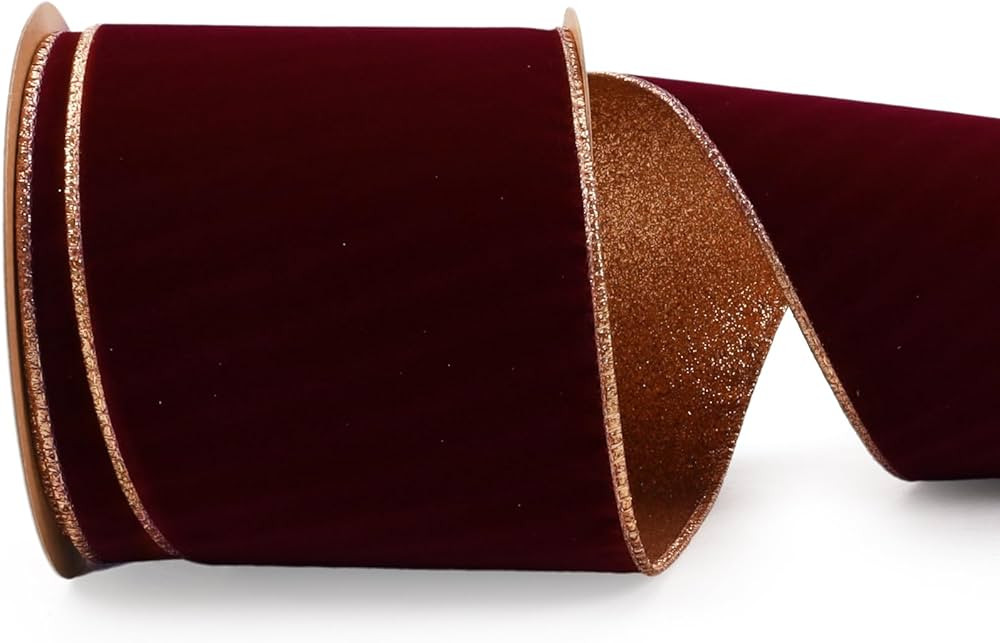 LaRibbons Reversible Velvet Lurex Wired Ribbon, Scarlet/Pale Gold 4 Inch Crushed Velvet Ribbon fo... | Amazon (US)
