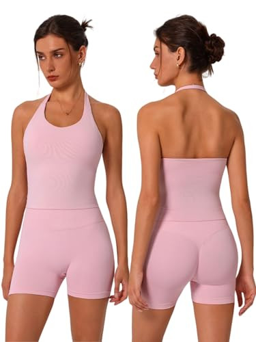 ABOCIW Workout Sets for Women 2 Piece Seamless Halter Cropped Tank Scrunch Butt High Waist Shorts Gym Sets Yoga Pilates Outfits Work Out Clothes Longline Pink Small | Amazon (US)
