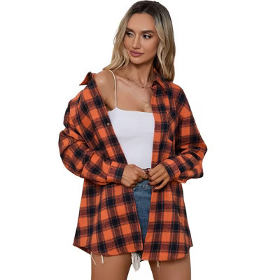 Clearlove Plaid Shirts for Women Oversized Long Sleeve Casual Button Down Blouse Top - Orange,Large | Target